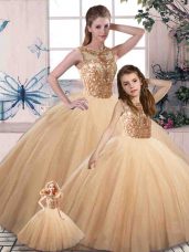 Fitting Gold Ball Gowns Scoop Sleeveless Tulle Floor Length Lace Up Beading Ball Gown Prom Dress