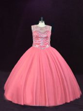 Superior Ball Gowns Quinceanera Dress Pink Scoop Tulle Sleeveless Floor Length Lace Up