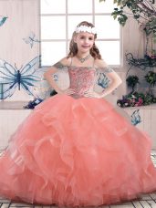 Admirable Watermelon Red Sleeveless Floor Length Beading and Ruffles Lace Up Kids Formal Wear