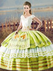 Stylish Yellow Green Satin Lace Up Sweet 16 Dress Sleeveless Floor Length Embroidery and Ruffled Layers