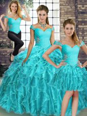 Sexy Aqua Blue Lace Up Off The Shoulder Beading and Ruffles Quinceanera Dress Organza Sleeveless Brush Train