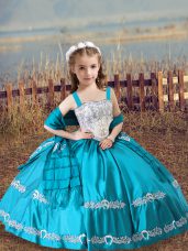 Admirable Teal Ball Gowns Beading and Embroidery Pageant Dress Wholesale Lace Up Satin Sleeveless Floor Length