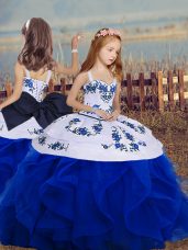 Royal Blue Sleeveless Embroidery and Ruffles Floor Length Little Girls Pageant Gowns