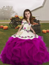Organza Straps Sleeveless Lace Up Embroidery and Ruffles Kids Pageant Dress in Fuchsia