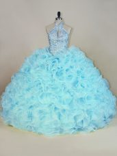 Pretty Aqua Blue Fabric With Rolling Flowers Lace Up Halter Top Sleeveless Vestidos de Quinceanera Brush Train Beading and Ruffles