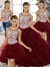 Admirable Burgundy Organza Lace Up Scoop Sleeveless Floor Length Vestidos de Quinceanera Beading and Ruffles