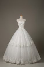 Trendy White Lace Up Strapless Beading and Lace Wedding Dresses Tulle Sleeveless