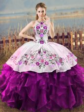 Edgy White And Purple Ball Gowns Organza Halter Top Sleeveless Embroidery and Ruffles Floor Length Lace Up Sweet 16 Dresses