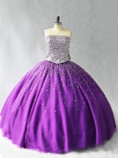 Ball Gowns Quince Ball Gowns Purple Strapless Organza Sleeveless Floor Length Lace Up