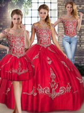Three Pieces Ball Gown Prom Dress Red Off The Shoulder Tulle Sleeveless Floor Length Lace Up