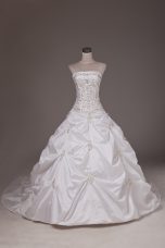 Custom Designed White Bridal Gown Taffeta Brush Train Sleeveless Beading and Pick Ups