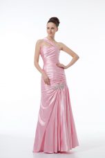 Suitable Baby Pink One Shoulder Lace Up Beading and Ruching Prom Dress Sleeveless