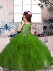 Ball Gowns Child Pageant Dress Olive Green Scoop Organza Sleeveless Floor Length Zipper