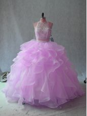 Shining Floor Length Two Pieces Sleeveless Lilac Quinceanera Dress Backless