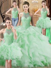 Apple Green Ball Gowns Beading and Ruffles Quinceanera Dress Lace Up Organza Sleeveless