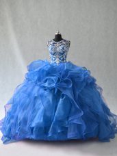 Fashion Blue Ball Gowns Beading and Ruffles 15th Birthday Dress Lace Up Organza Sleeveless Floor Length