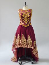 Custom Made Tulle Scoop Sleeveless Lace Up Beading and Appliques Evening Dress in Burgundy
