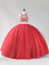 Halter Top Sleeveless Backless Quinceanera Gown Red Tulle