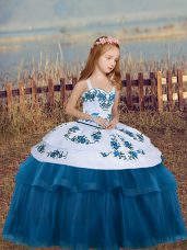 Floor Length Blue Pageant Dress Wholesale Straps Sleeveless Lace Up