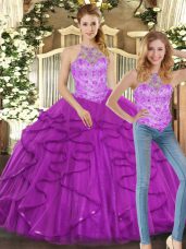 Excellent Floor Length Lace Up 15th Birthday Dress Purple for Sweet 16 and Quinceanera with Beading and Ruffles