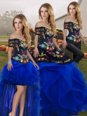 Elegant Royal Blue Three Pieces Tulle Off The Shoulder Sleeveless Embroidery and Ruffles Floor Length Lace Up Sweet 16 Dresses