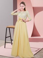 Trendy Gold Scoop Neckline Lace and Belt Dama Dress 3 4 Length Sleeve Side Zipper