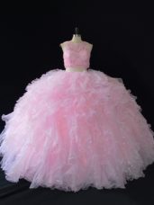 Delicate Baby Pink Sleeveless Beading Floor Length Quince Ball Gowns