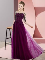 Fuchsia Empire Beading and Lace Vestidos de Damas Lace Up Chiffon Half Sleeves Floor Length