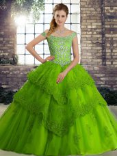 Chic Green Lace Up Off The Shoulder Beading and Lace Sweet 16 Quinceanera Dress Tulle Sleeveless Brush Train