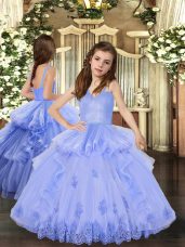 Lavender Ball Gowns Tulle Straps Sleeveless Appliques Floor Length Lace Up Custom Made Pageant Dress