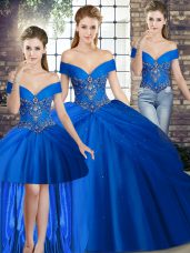 Hot Sale Lace Up Quince Ball Gowns Royal Blue for Military Ball and Sweet 16 and Quinceanera with Beading and Pick Ups Brush Train