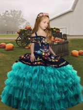 High Quality Teal Sleeveless Floor Length Embroidery and Ruffled Layers Lace Up Kids Formal Wear