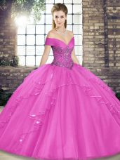 Ideal Lilac Ball Gowns Tulle Off The Shoulder Sleeveless Beading and Ruffles Floor Length Lace Up Quinceanera Gowns