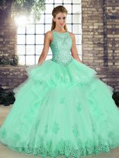 Lace and Embroidery and Ruffles Sweet 16 Dress Apple Green Lace Up Sleeveless Floor Length