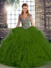 Fitting Olive Green Sweet 16 Dress Military Ball and Sweet 16 and Quinceanera with Beading and Ruffles Straps Sleeveless Lace Up