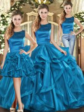 Noble Three Pieces Quinceanera Dresses Teal Scoop Organza Sleeveless Floor Length Lace Up