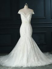 White Off The Shoulder Zipper Beading and Lace Wedding Gowns Court Train Sleeveless