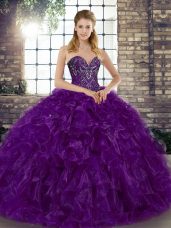 Flirting Purple Ball Gowns Organza Sweetheart Sleeveless Beading and Ruffles Floor Length Lace Up Quinceanera Gown