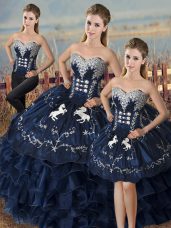 High End Navy Blue Sleeveless Embroidery and Ruffles Floor Length Quinceanera Gown