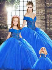 Vintage Royal Blue Quinceanera Dress Military Ball and Sweet 16 and Quinceanera with Beading Off The Shoulder Sleeveless Brush Train Lace Up