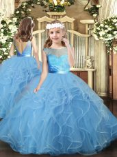 Baby Blue Backless Little Girls Pageant Gowns Ruffles Sleeveless Floor Length