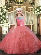 Watermelon Red Backless Scoop Lace and Ruffles Kids Pageant Dress Tulle Sleeveless