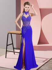 Spectacular Royal Blue Column/Sheath Lace and Appliques Oscars Dresses Backless Chiffon Sleeveless Floor Length