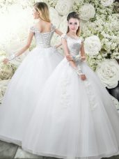 Attractive White Ball Gowns Tulle Scoop Cap Sleeves Appliques Floor Length Lace Up Wedding Dress