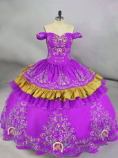Sleeveless Satin Floor Length Lace Up Sweet 16 Dresses in Purple with Embroidery
