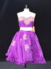 Admirable Eggplant Purple Two Pieces Organza Sweetheart Sleeveless Appliques and Ruffles Mini Length Zipper Prom Evening Gown