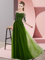 Half Sleeves Floor Length Beading and Lace Lace Up Vestidos de Damas with Olive Green