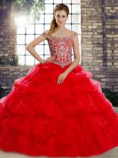 Elegant Red Tulle Lace Up Off The Shoulder Sleeveless Quinceanera Gowns Brush Train Beading and Pick Ups