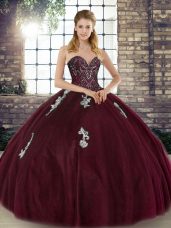 Burgundy Sleeveless Floor Length Beading and Appliques Lace Up Sweet 16 Quinceanera Dress