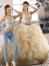 Simple Champagne Tulle Zipper Scoop Sleeveless Floor Length Quinceanera Dresses Beading and Ruffles